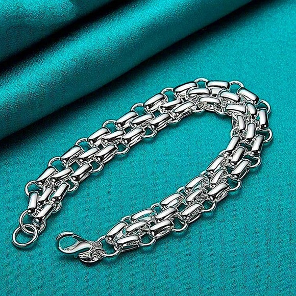 Sterling Silver Chain Link Cuban Mesh Lattice Stamped 925 Bracelet - Picture 3 of 7